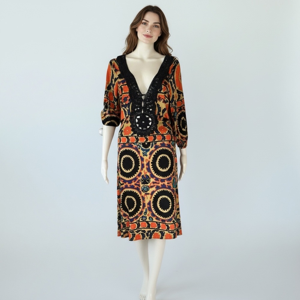 Max Azria Runway Orange and Navy Midi Dress w/Plunging Neckline and Puff Sleeves